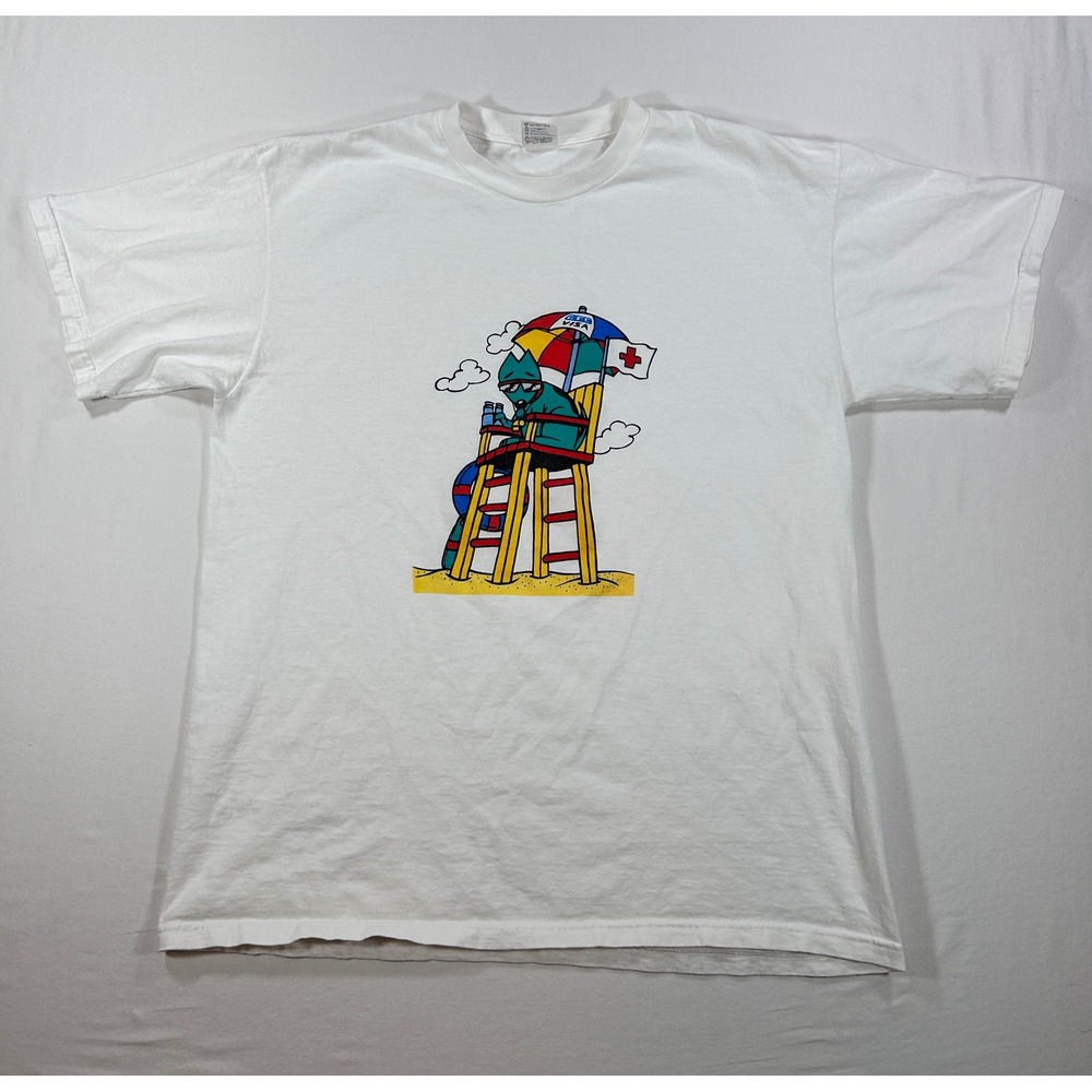Vintage AmeriTees Lifeguard Cat Graphic T-Shirt White XL Made in USA 90s Cotton